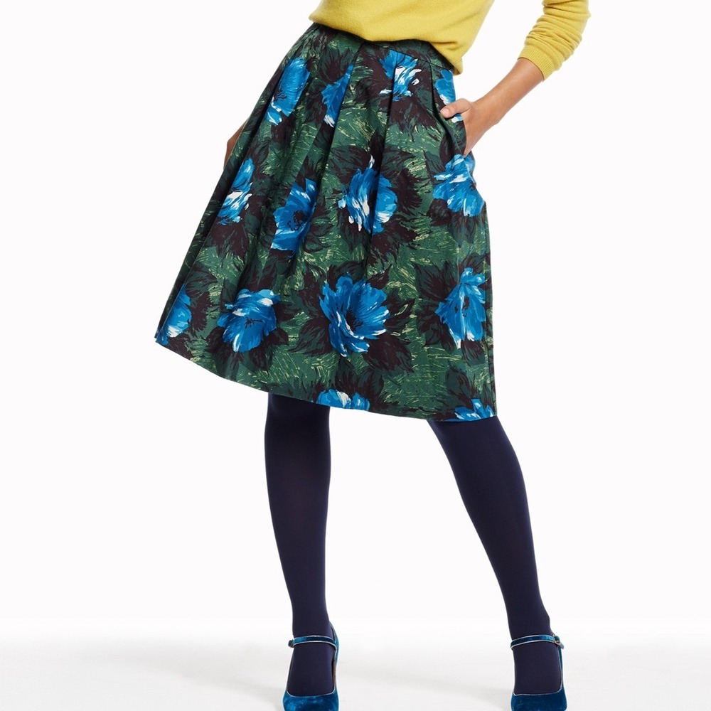 Boden Sophia Green‎ Blue Floral Pleated A-Line Skirt Pockets 10L Cottagecore Mod